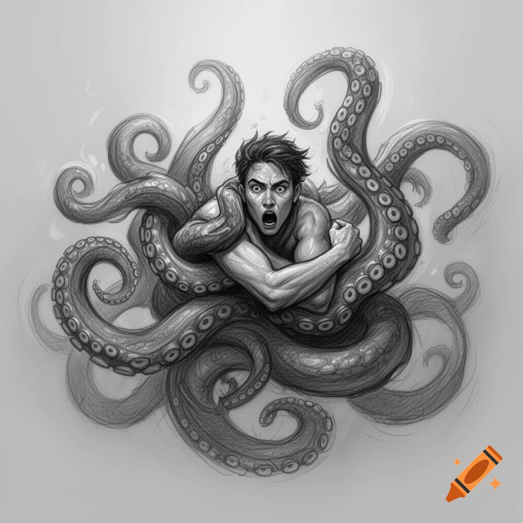 A man with a frightened expression struggles against multiple large octopus tentacles entangling him, in a black and white sketch.