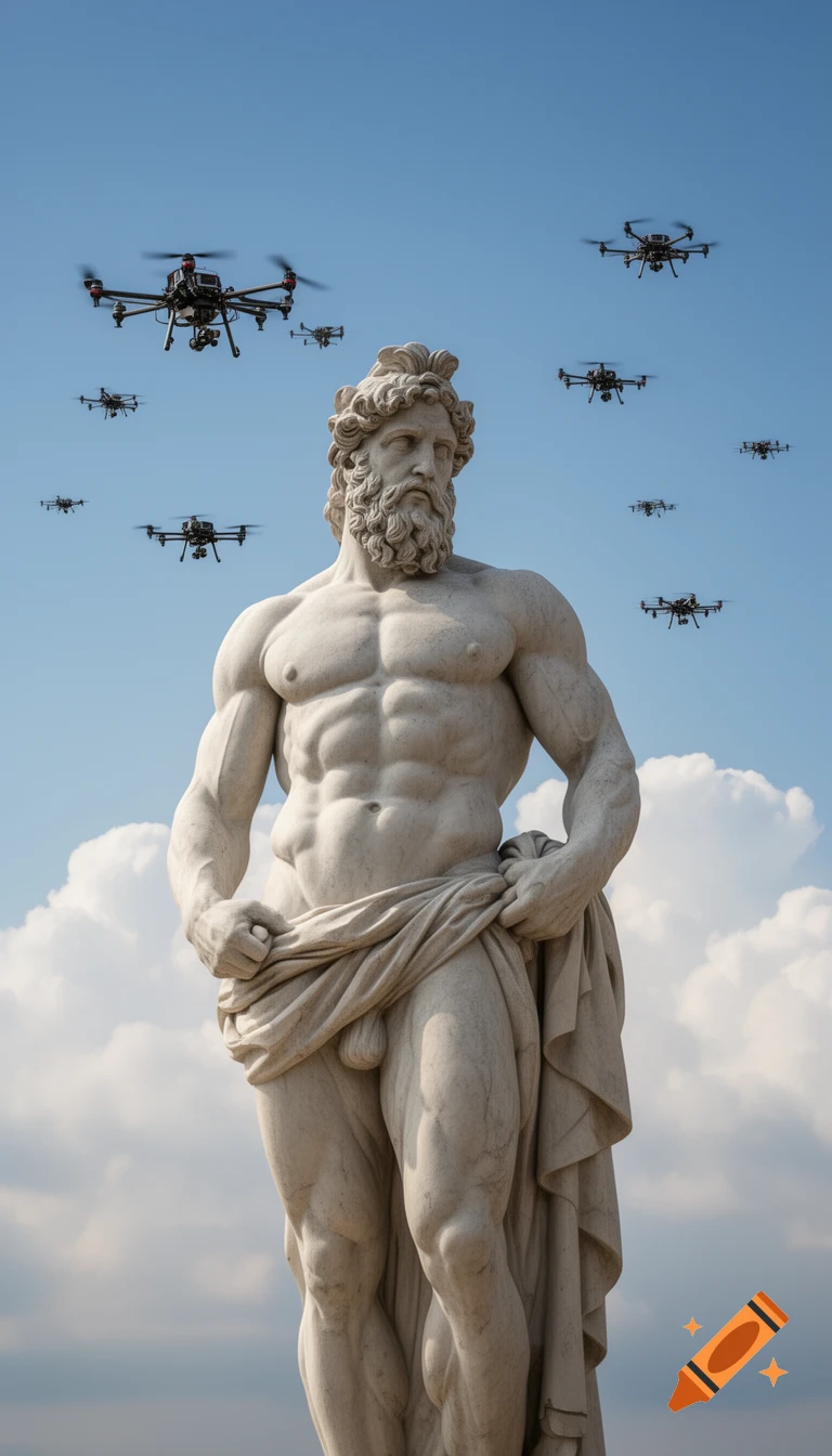 Photorealistic classical marble statue of Hercules under a clear sky with many drones flying around.