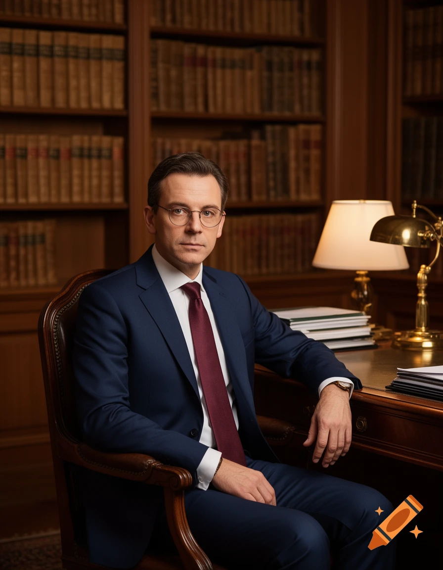 A photorealistic portrait of a man in a dark blue suit and red tie, wearing glasses, sitting at a wooden desk in a library.