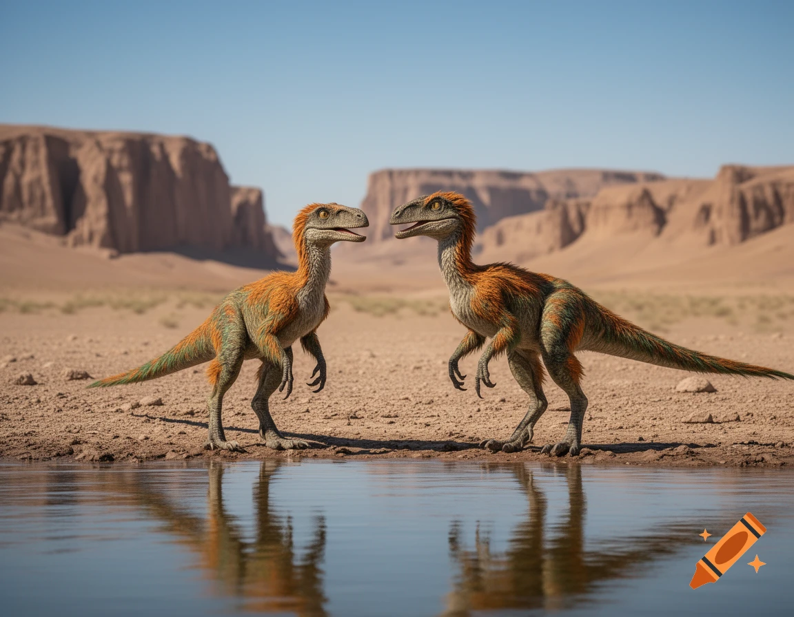 Two feathered velociraptors face each other over a desert waterhole, with mesas in the background.