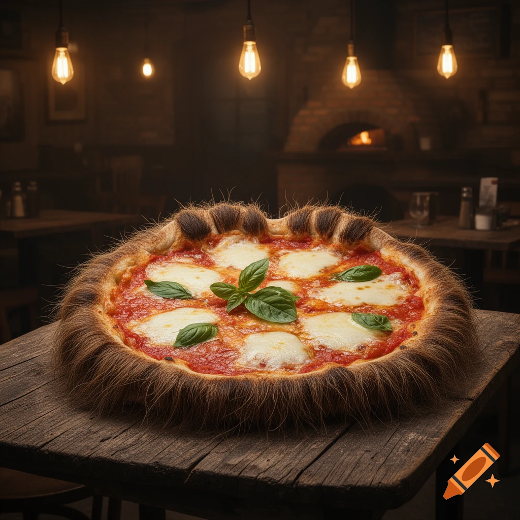 A close-up shot of a Margherita pizza with a thick, hairy crust, sitting on a rustic wooden table in a dimly lit restaurant. Edison bulbs glow above, and a brick oven is visible in the background.