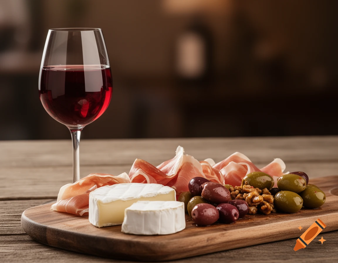 A glass of red wine stands next to a wooden board laden with brie cheese, prosciutto, olives, and walnuts, on a rustic wooden table.