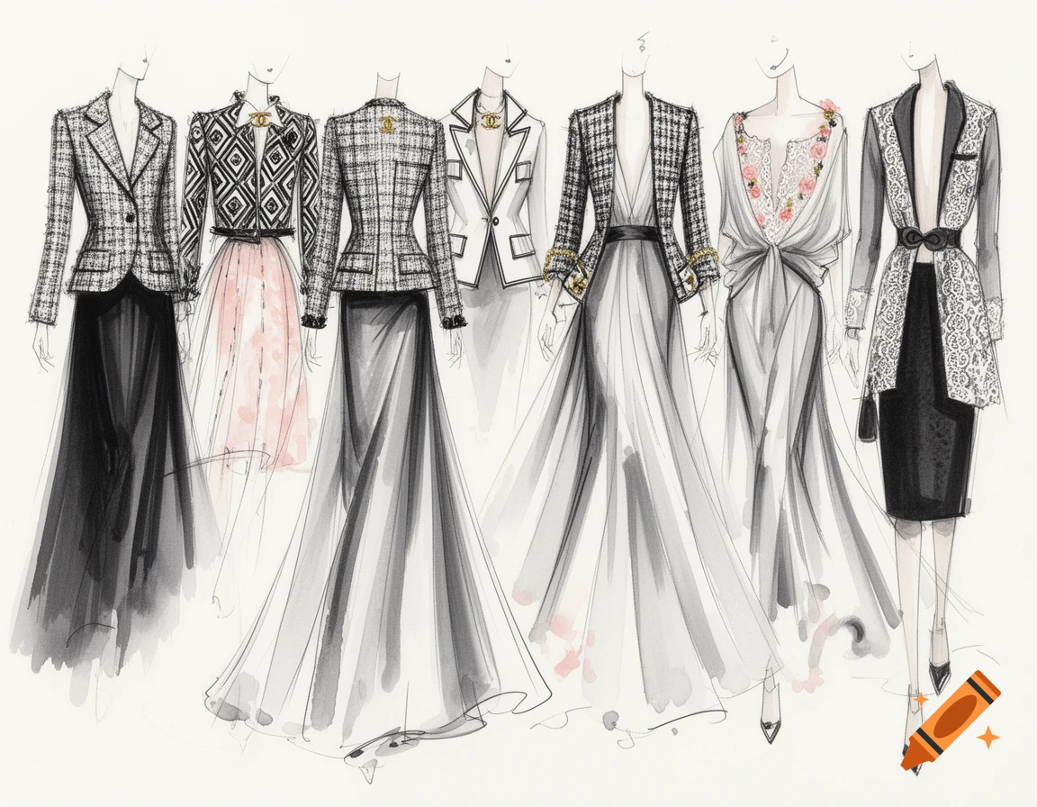 Watercolor and ink fashion sketches showing six Chanel-inspired outfits on faceless mannequins.