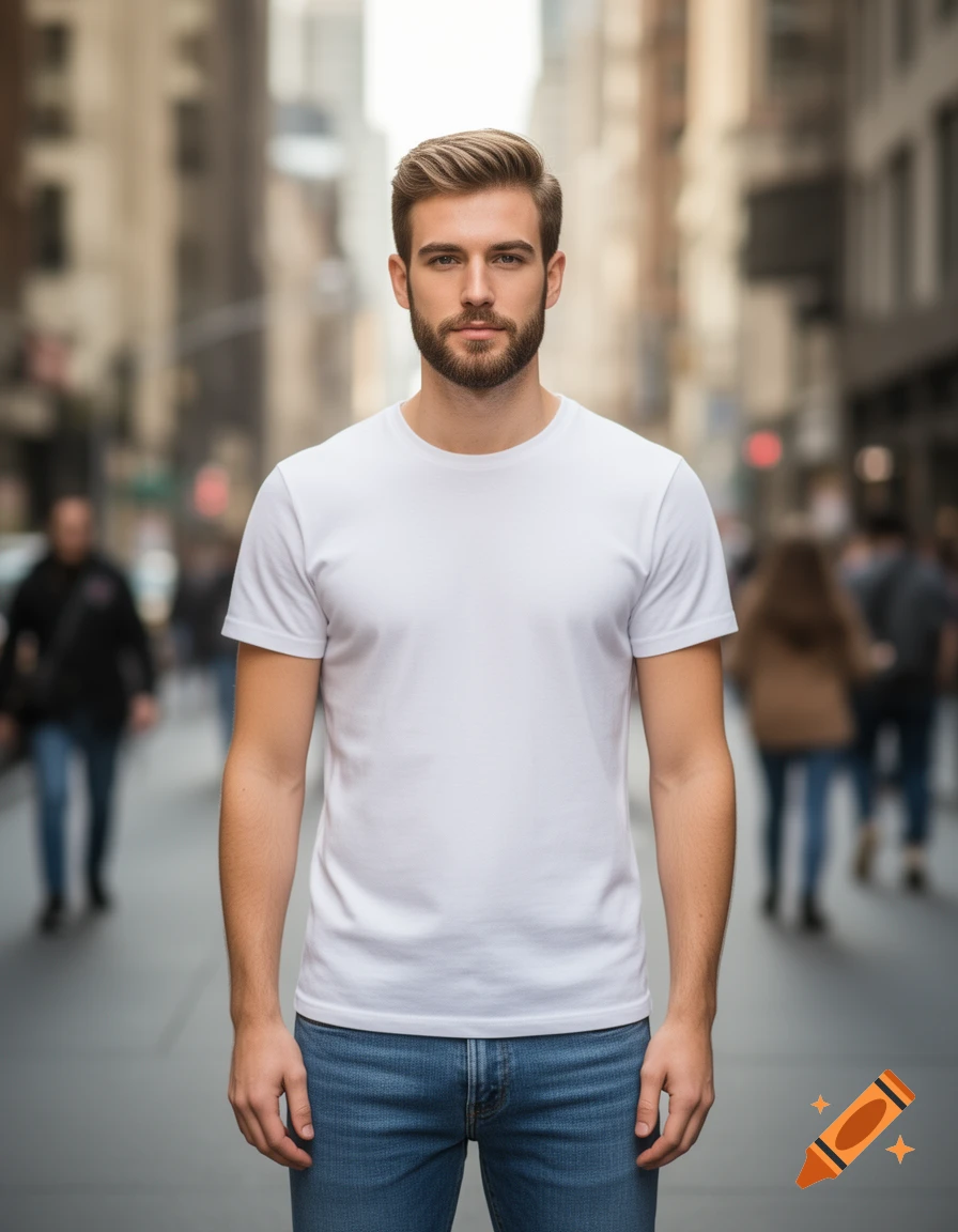 A photorealistic image of a young man with a beard and short hair, wearing a white t-shirt and jeans, standing on a blurred city street.