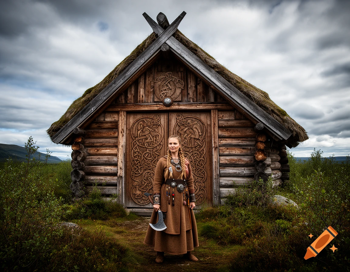 A Viking woman in traditional dress stands with an axe in front of a richly carved wooden Viking house under a cloudy sky.