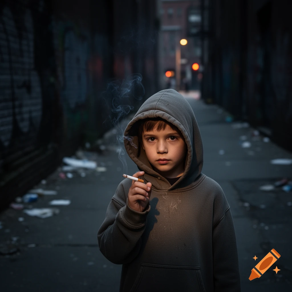 A young child in a grey hoodie stands in a dark, littered alleyway, holding a lit cigarette.
