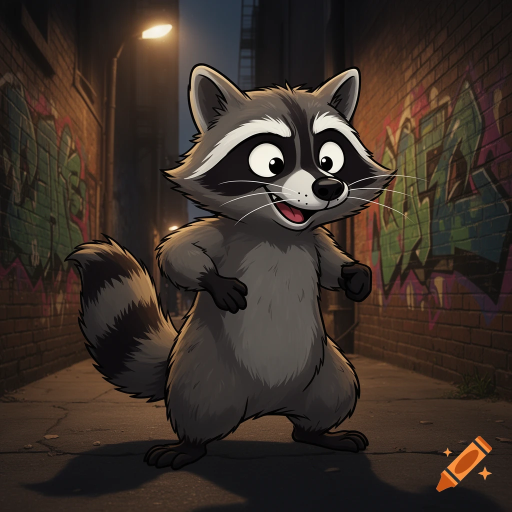 A happy cartoon raccoon stands in a dark urban alley with graffiti on brick walls and an overhead street light.