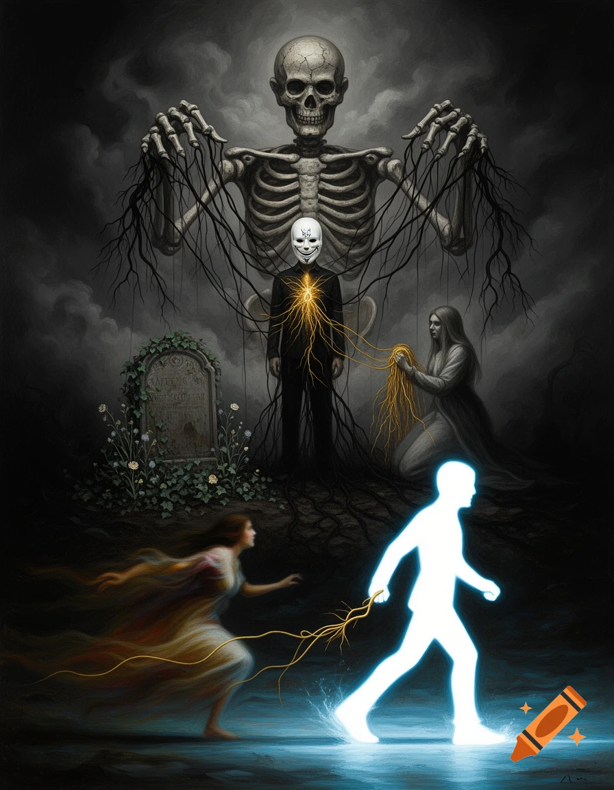 A dark surrealist painting features a giant skeleton controlling a masked figure, with a woman kneeling and another running from a glowing figure.