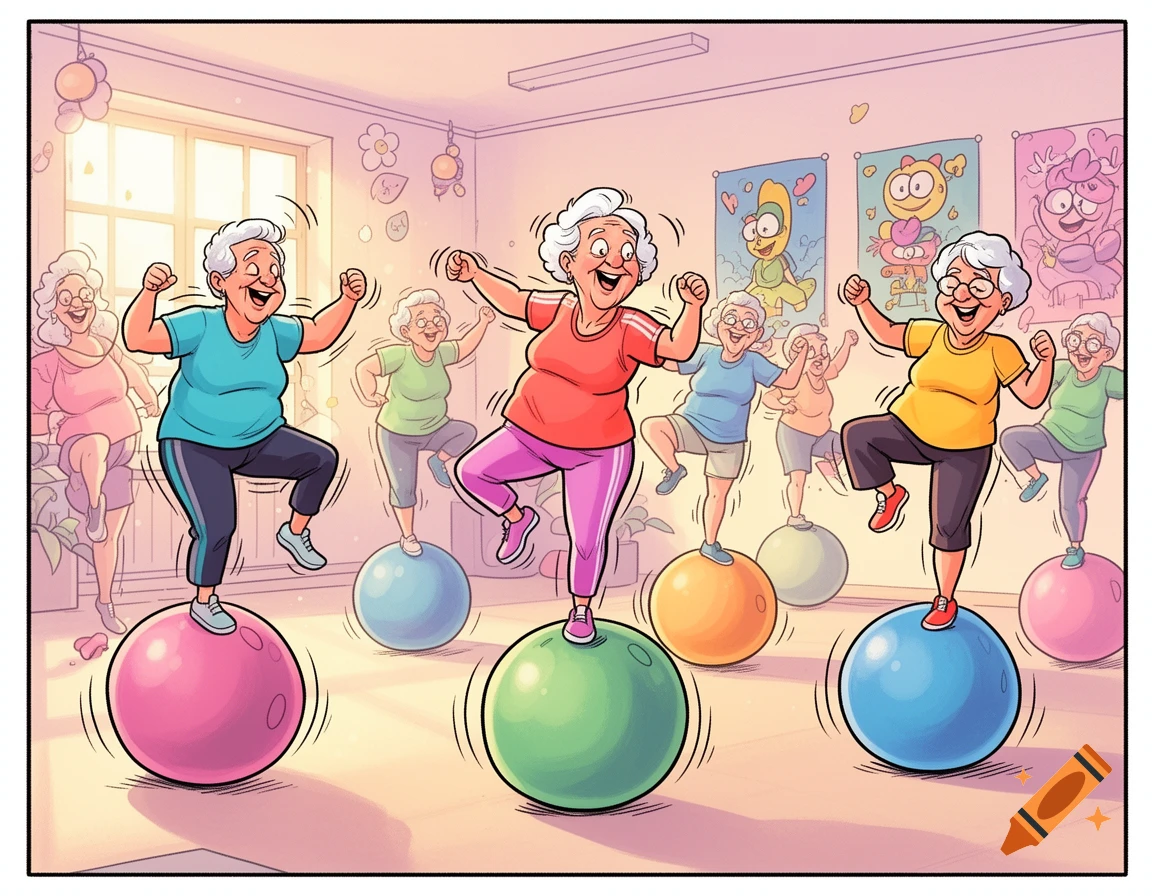 Happy elderly women in a vibrant cartoon style exercising on colorful balance balls in a brightly lit room.