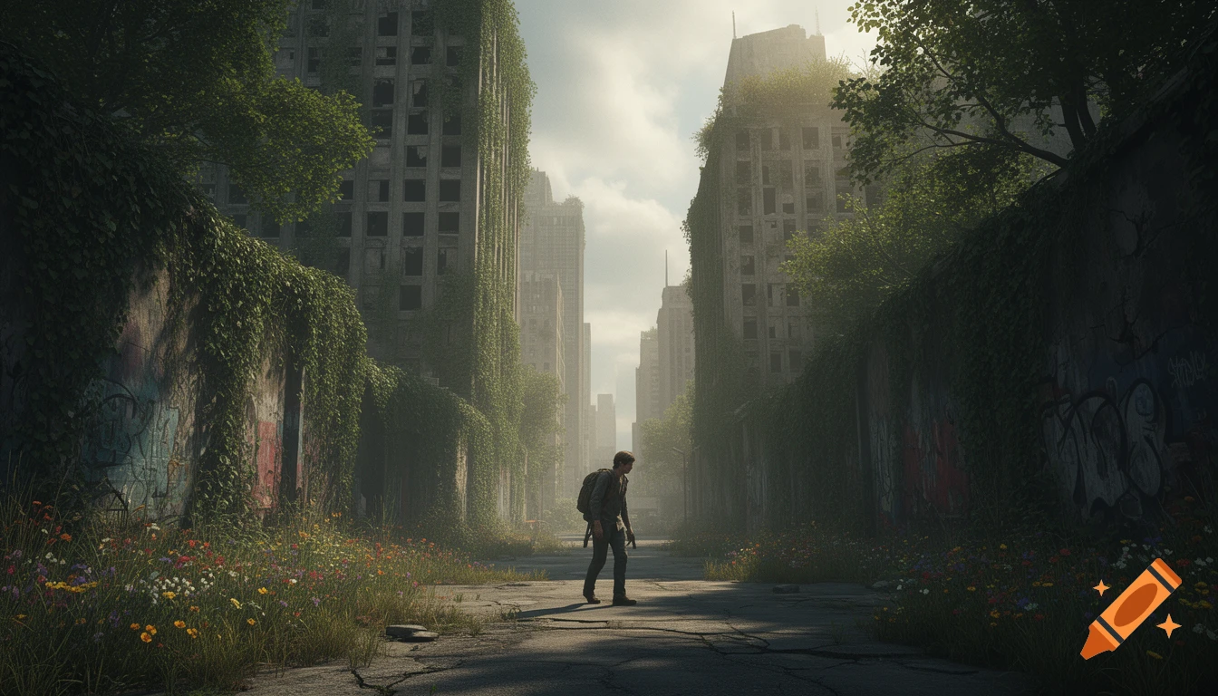 A lone figure with a backpack walks down a desolate, overgrown city street with ruined buildings and graffiti-covered walls under a hazy sky.