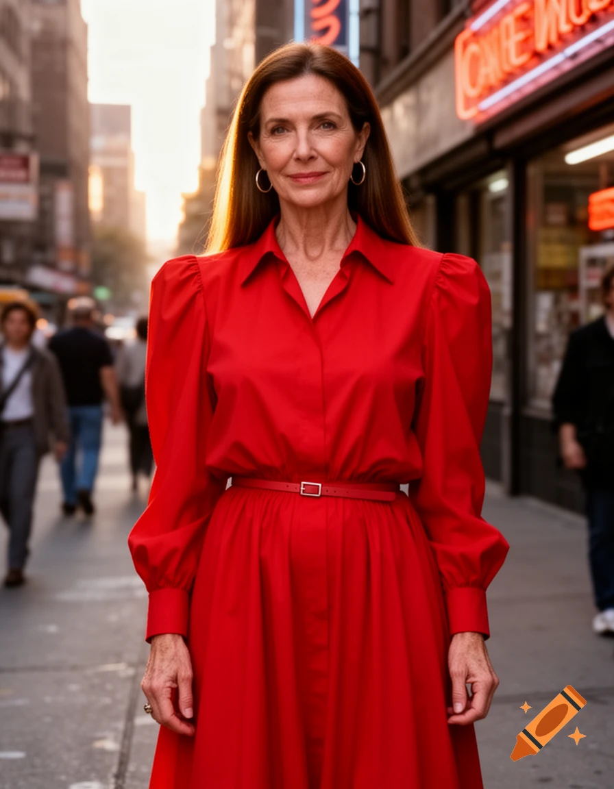 A woman in a red shirt dress with long brown hair stands smiling on a city street at sunset, with blurry neon signs in the background.