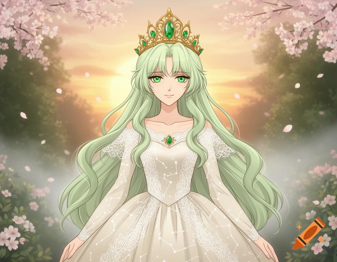 An anime princess with long light green hair and emerald green eyes wears a white lace dress and an emerald crown in a cherry blossom garden at sunset.