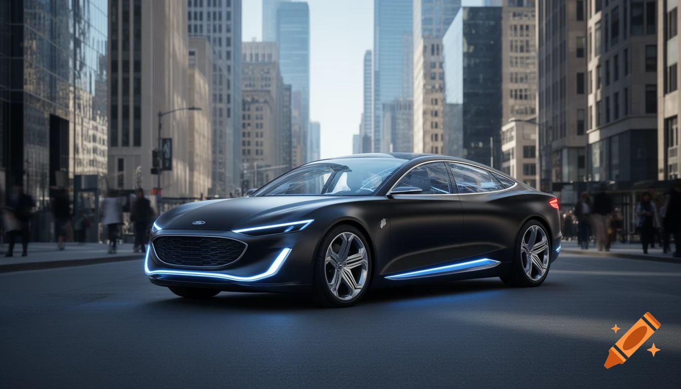 A sleek black futuristic Ford concept car with blue glowing accents on a city street with tall buildings and blurred pedestrians.