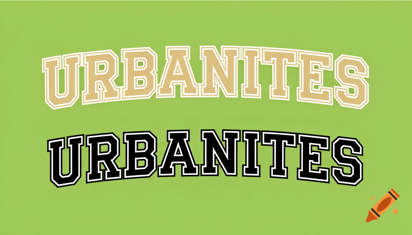 The word "URBANITES" in sand gold with white outline and in black with white outline on a lime green background.