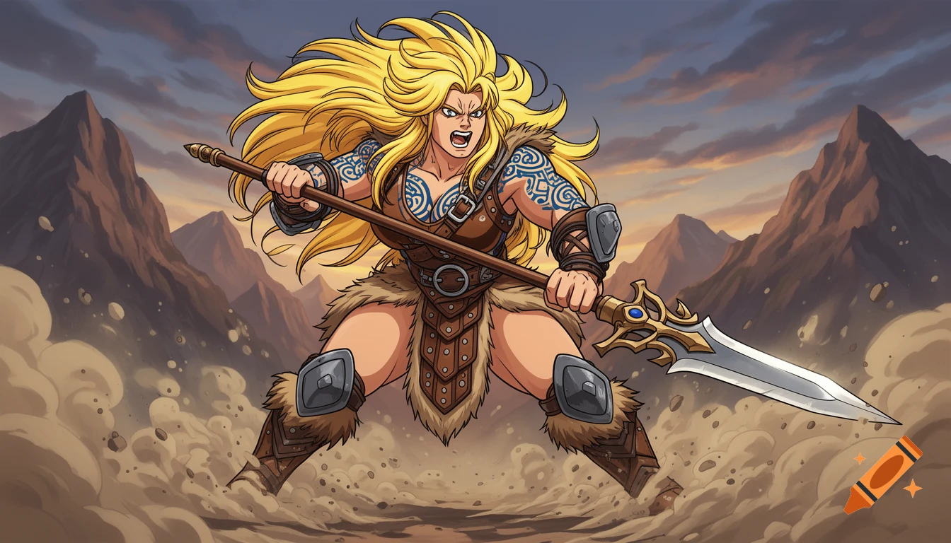 A fierce blonde anime warrior woman with tattoos wields a large glaive, standing in a dusty, mountainous battlefield.