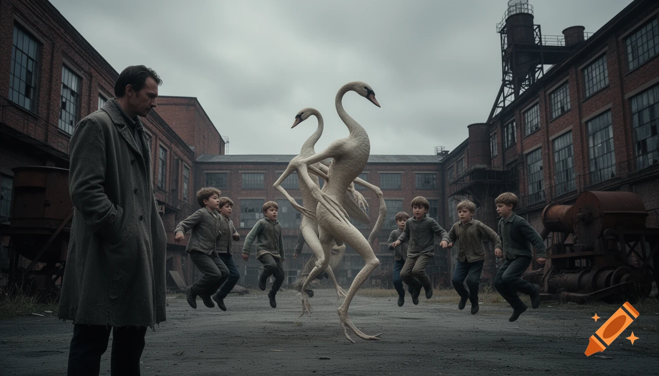 A man in a trench coat watches sadly as children levitate around two tall, swan-headed humanoids in a gritty, abandoned factory yard.