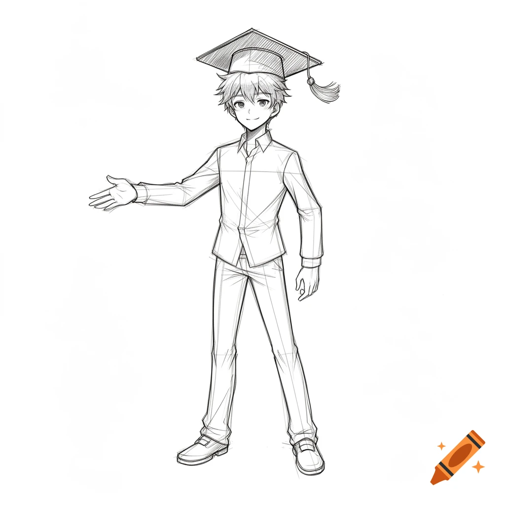 An anime boy sketch wearing a graduation hat, standing and extending his right arm in a welcoming gesture.