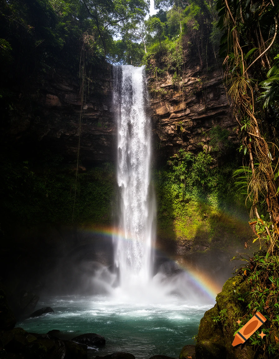 A tall waterfall plunges into a clear blue pool in a vibrant green jungle, with a bright rainbow visible in the mist.