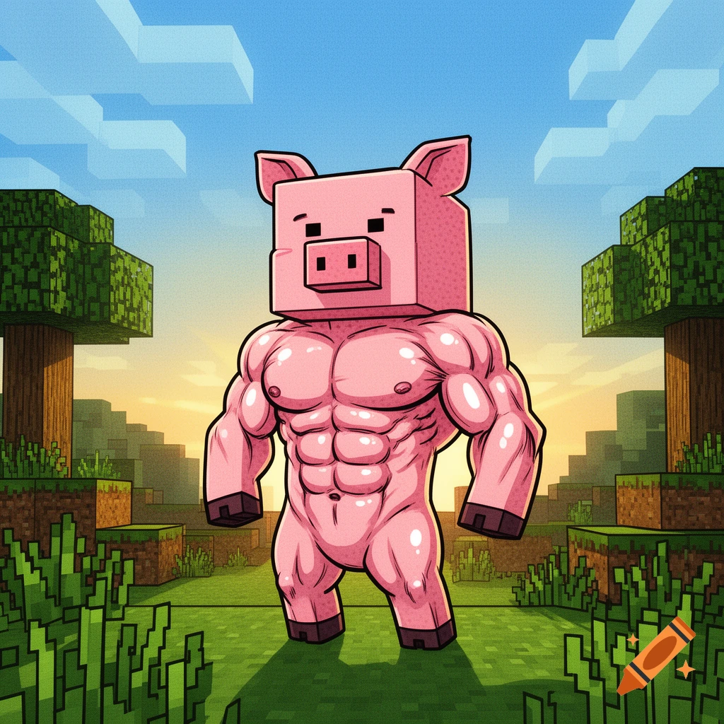 A muscular pink Minecraft pig stands in a blocky landscape.