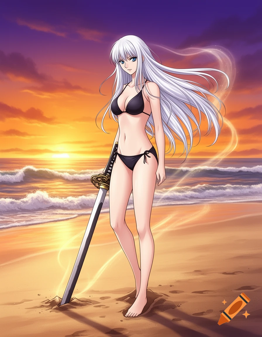 Anime woman with long white hair and blue eyes, wearing a black bikini, standing on a beach with a katana at sunset.