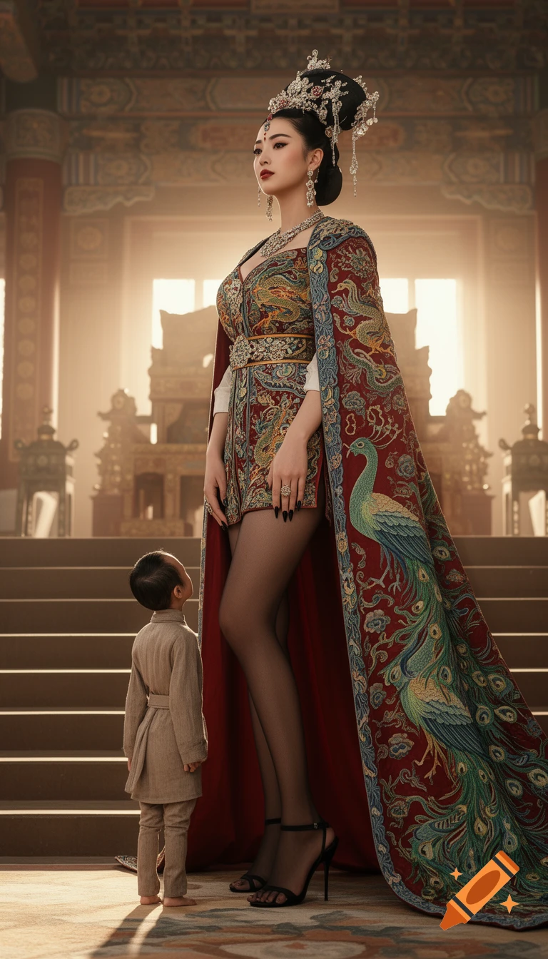A regal Chinese empress in an ornate, embroidered short dress and long cape stands tall, looking down at a small child in an ancient palace.