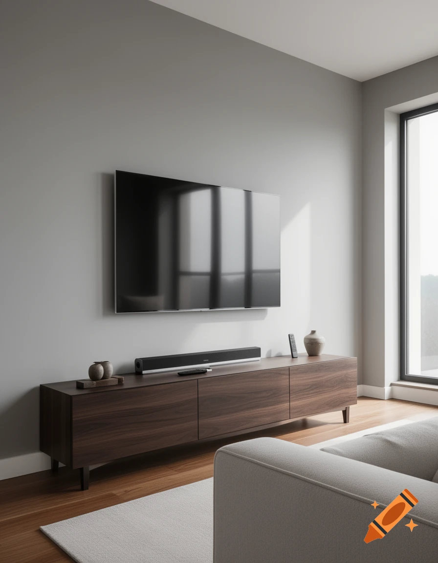 A modern living room with a large TV mounted on a gray wall above a dark wood media console, featuring a soundbar and decorative items. A white sofa and rug are in the foreground, with a large window to the right.