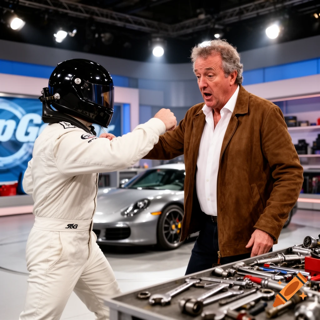 The Stig in a white racing suit and helmet playfully fist-bumps Jeremy Clarkson in a brown jacket, standing in front of a silver Porsche, with tools on a table in the foreground.