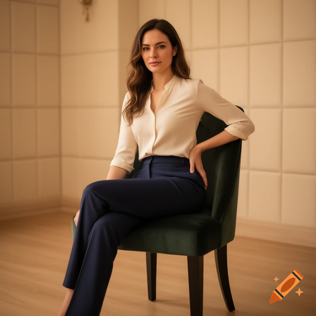 A photorealistic image of a woman in a cream blouse and navy trousers sitting in an elegant room with paneled walls.