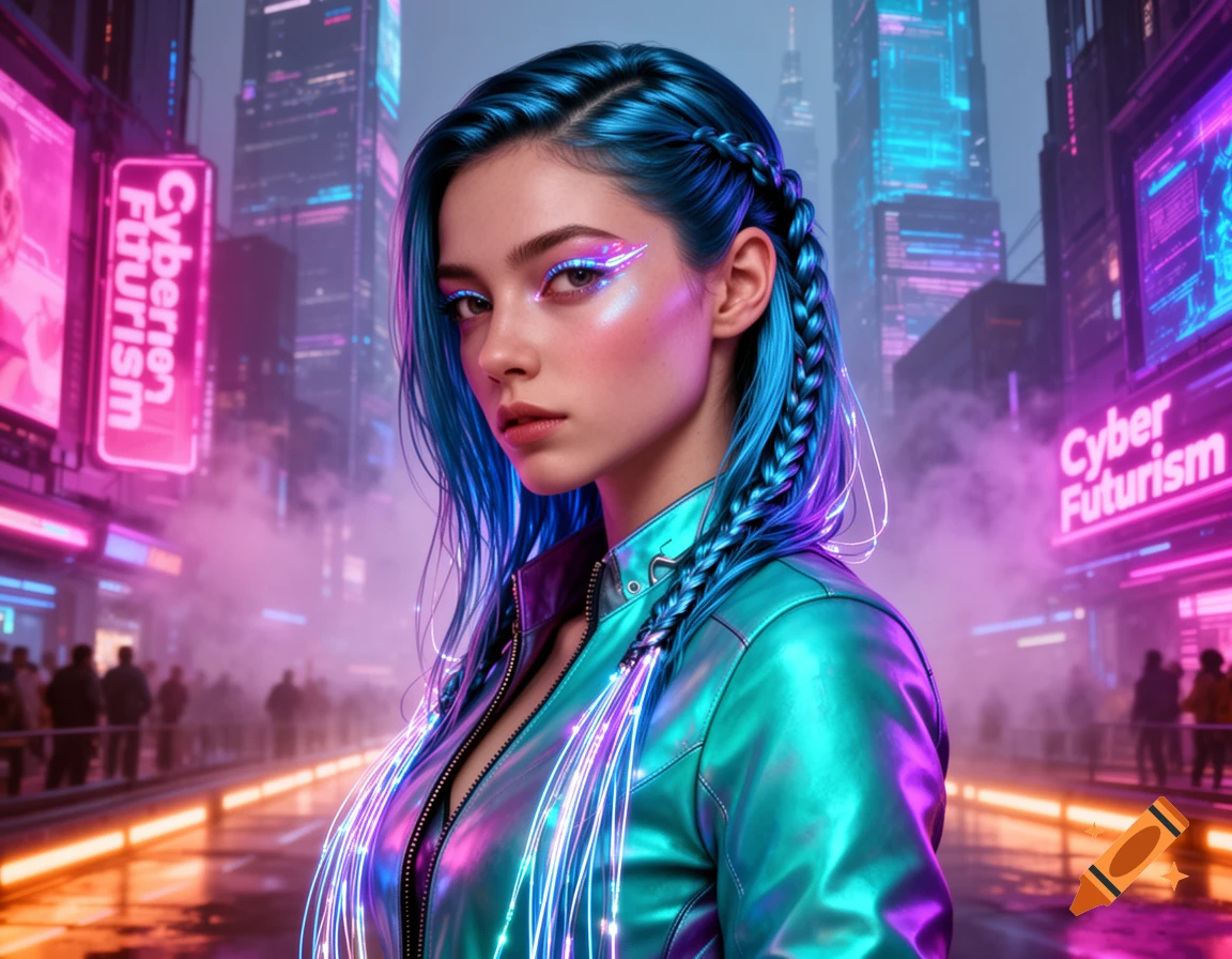 A young woman with blue hair and neon makeup wears a shiny teal jacket with glowing fibers in a vibrant cyberpunk city.