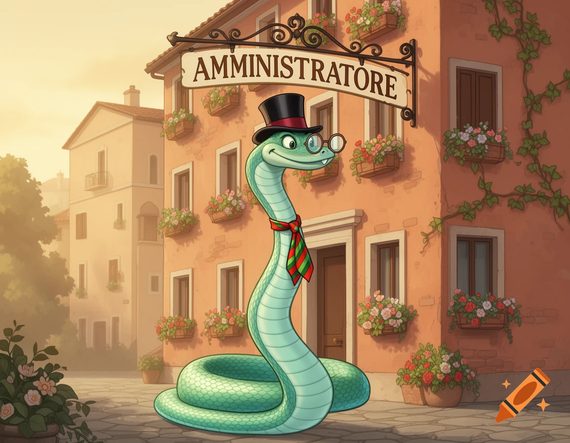 A friendly cartoon snake wearing a top hat and tie stands in front of an Italian-style building with a sign that reads "AMMINISTRATORE".