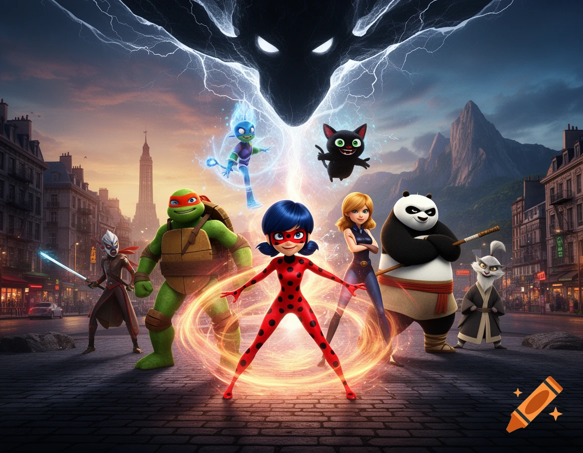 Animated crossover poster: Ladybug, Michelangelo, Po, and other heroes stand united as a shadow monster looms over city and mountains.