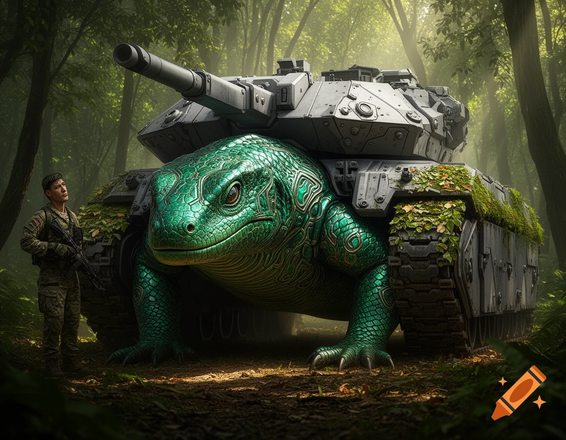 A soldier stands next to a massive green lizard creature with a tank's turret and tracks as its shell, in a sunlit forest.