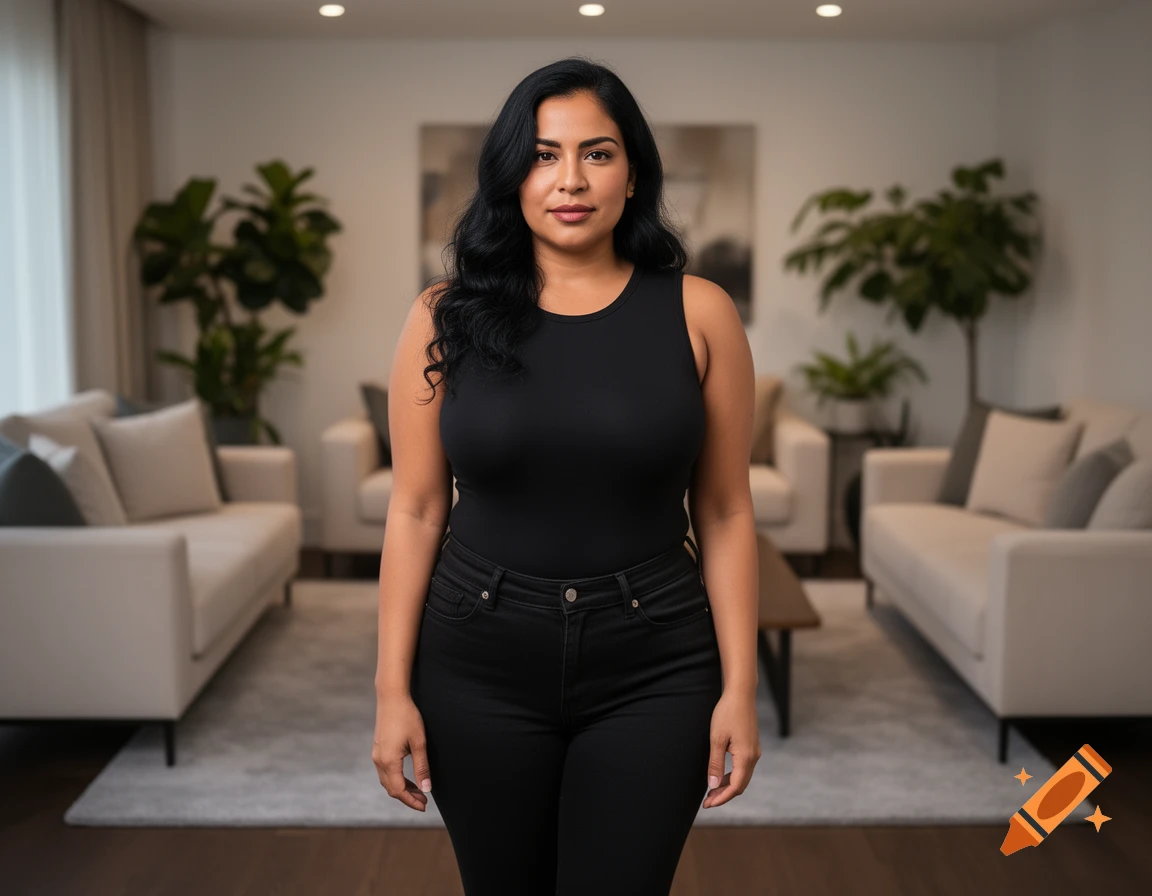 A Colombian woman in her 30s with long black hair, wearing a black sleeveless shirt and black jeans, stands in a modern living room.