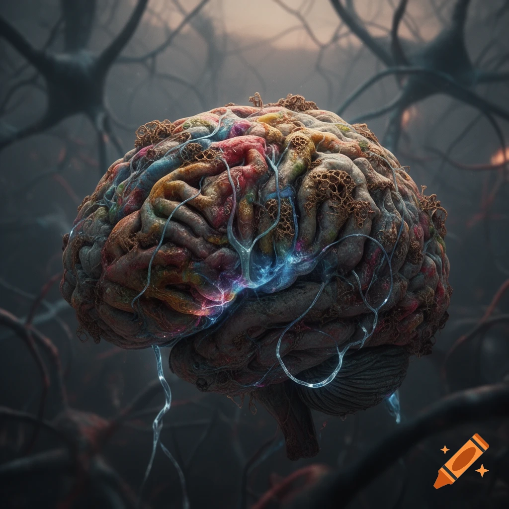 A vibrant, abstract depiction of a brain with glowing neural connections against a dark, neuron-filled background.