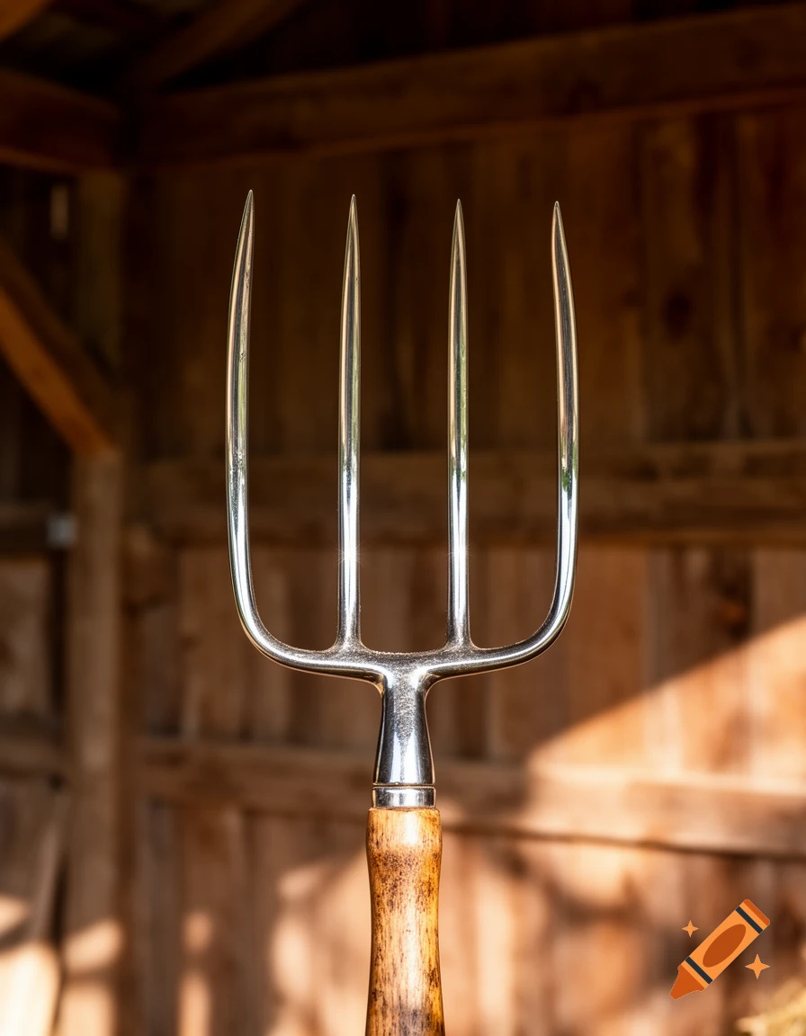 A close-up, photorealistic shot of a shiny silver four-pronged garden fork with a wooden handle, in front of a blurred wooden shed.