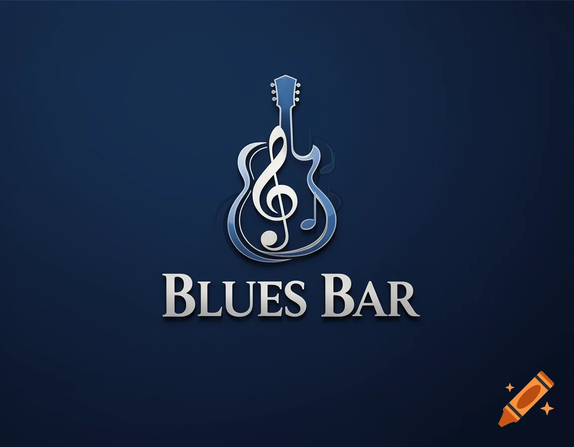 A metallic silver and blue logo on a dark blue background, featuring a stylized guitar with a treble clef and musical notes, above the text 'BLUES BAR'.