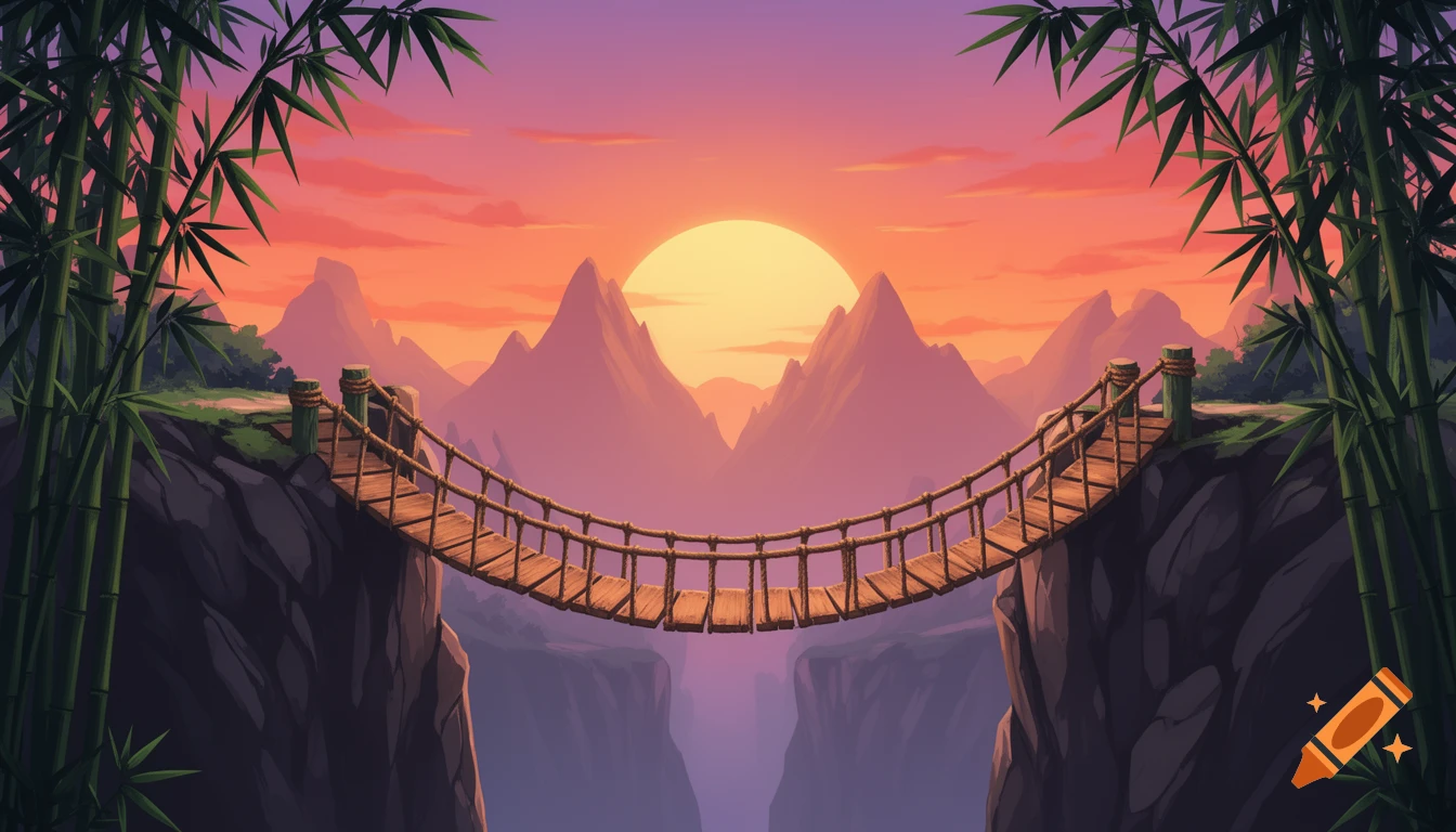 Stylized 2D landscape with a wooden rope bridge spanning a canyon at sunset, framed by bamboo leaves.