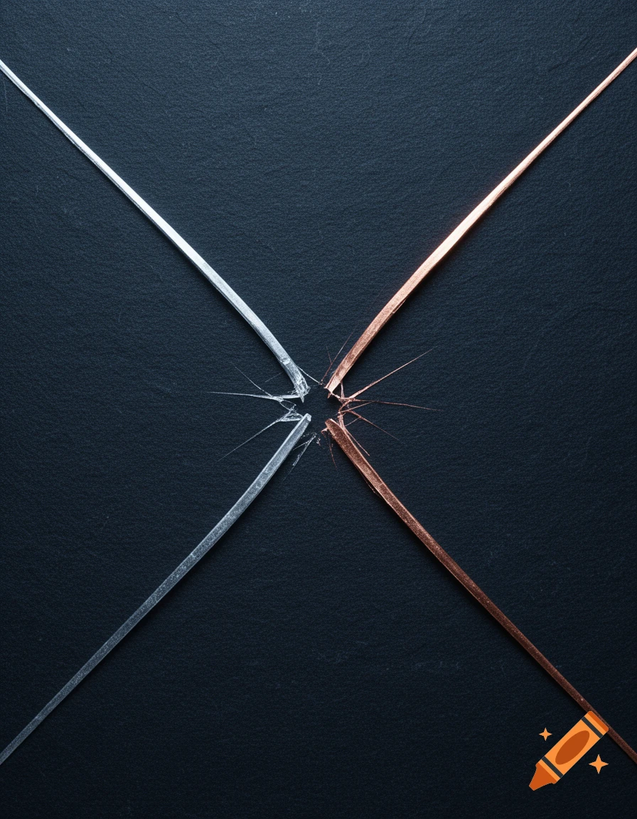 A top-down view of two metallic lines, one silver and one copper, forming an 'X' on a dark textured surface, with the metal splitting at their intersection.