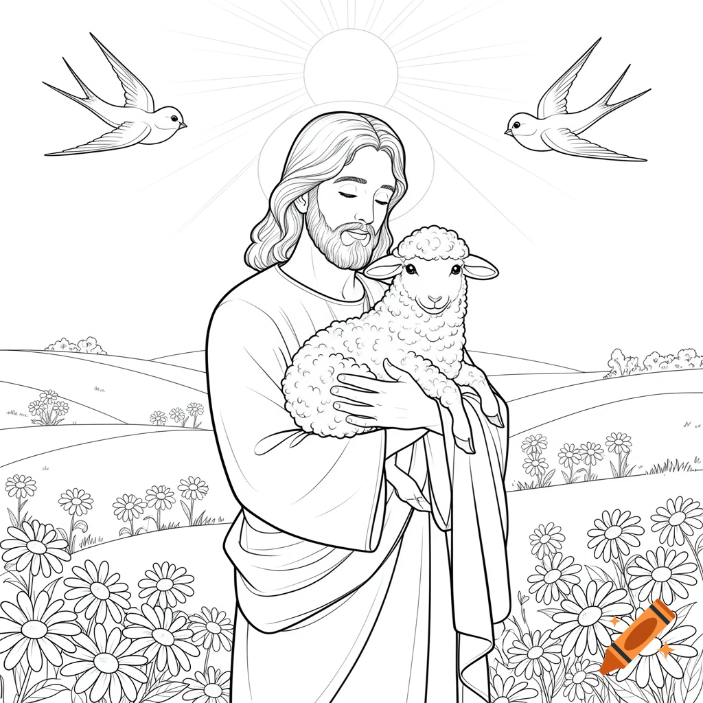 Line art coloring page of Jesus holding a lamb in a field of flowers under a shining sun with two birds flying.