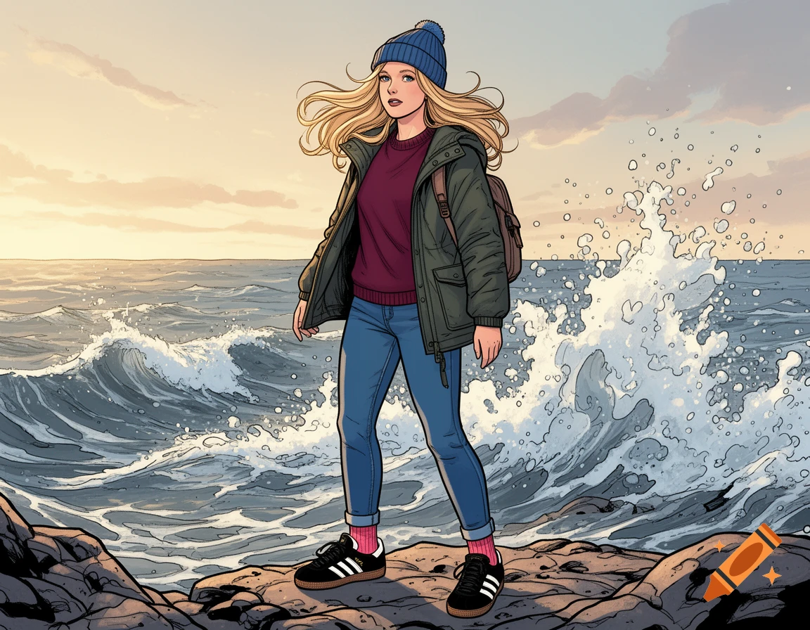 Comic illustration of a blonde woman in winter clothes and a blue beanie standing on rocks by a stormy sea with waves crashing.