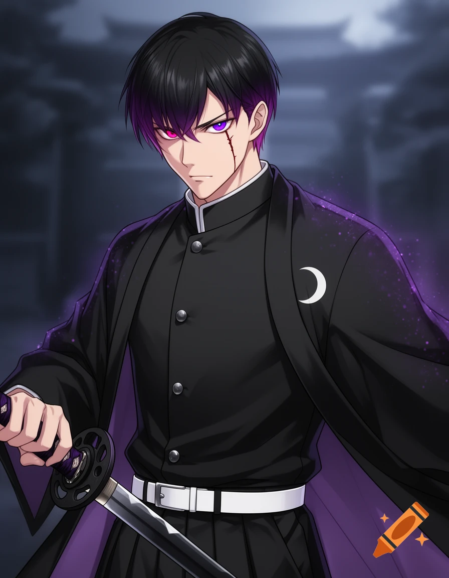 An anime-style male character with black hair, purple highlights, and heterochromia eyes, wearing a black gakuran jacket and haori with a crescent moon symbol, holding a katana.