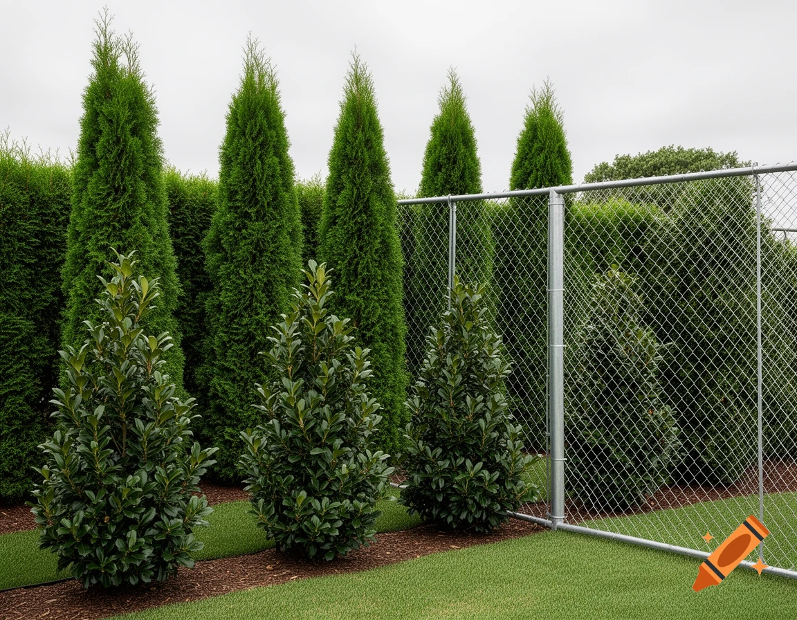 A photorealistic landscaped scene featuring a chain link fence, tall emerald green arborvitae trees, and small holly bushes.
