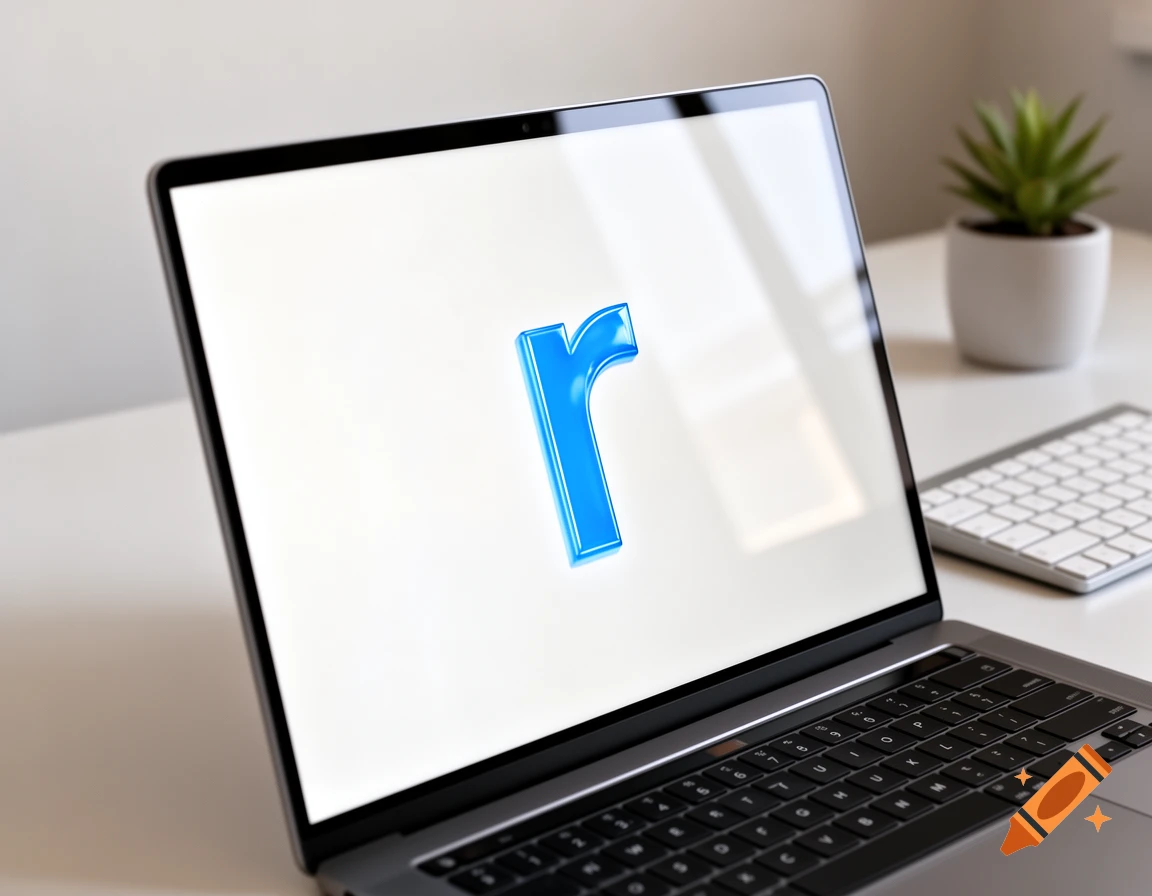 A modern laptop on a white desk displays a large, shiny blue 3D letter 'r' on its screen, with a keyboard and plant visible in the background.