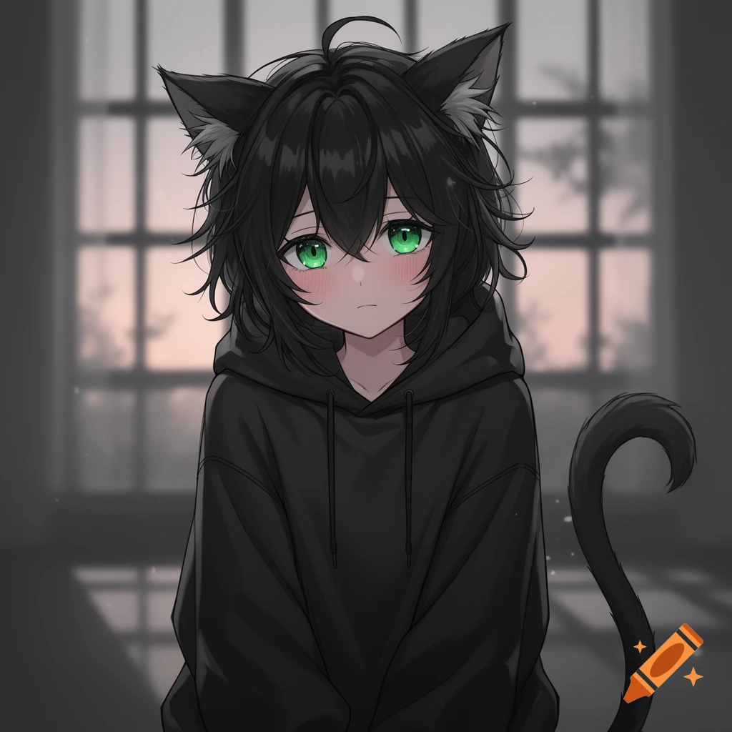 An anime catgirl with black messy hair, green eyes, cat ears, and a tail, wearing an oversized black hoodie, looking shy.