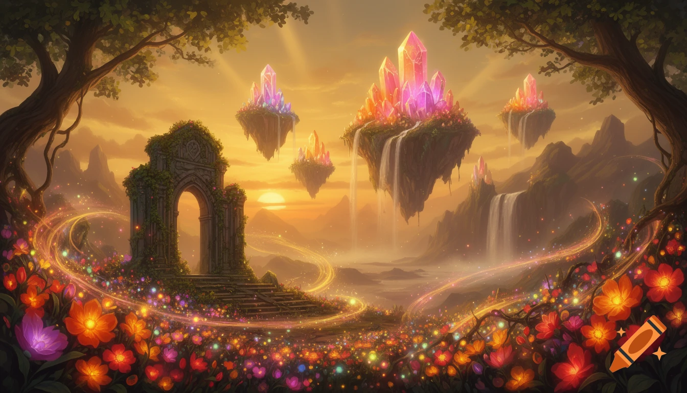 A magical fantasy landscape at sunset with floating islands, glowing crystals, waterfalls, ancient ruins, and luminous flowers.