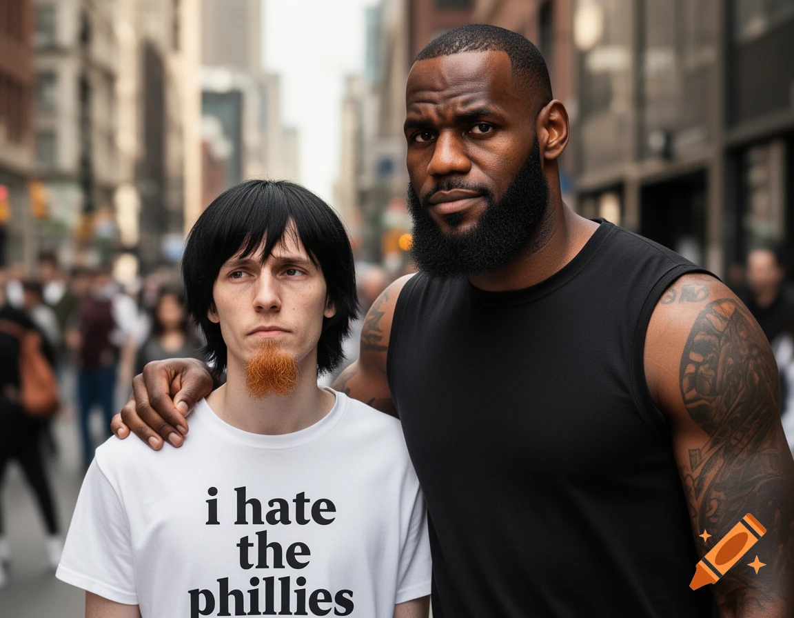 LeBron James stands with his arm around a man with a ginger goatee and black hair, who wears an 'I hate the Phillies' t-shirt in a city.