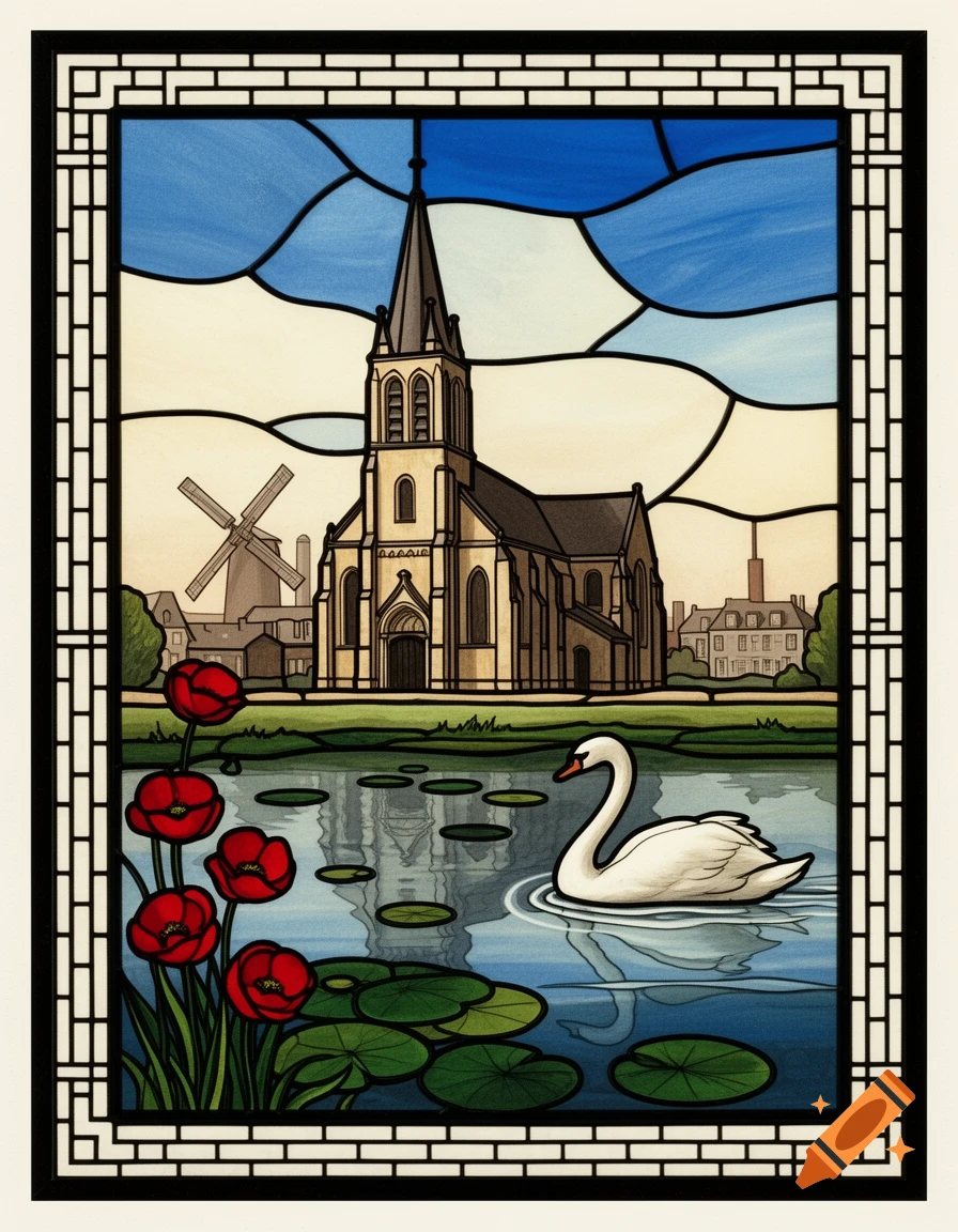 Stained glass art of a European church, windmill, pond with a swan and water lilies, and red poppies, all framed by an Art Deco border.