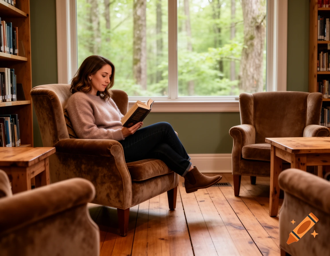 A woman in a sweater and jeans reads a book while seated in a cozy armchair in a library, with a large window looking out to trees.