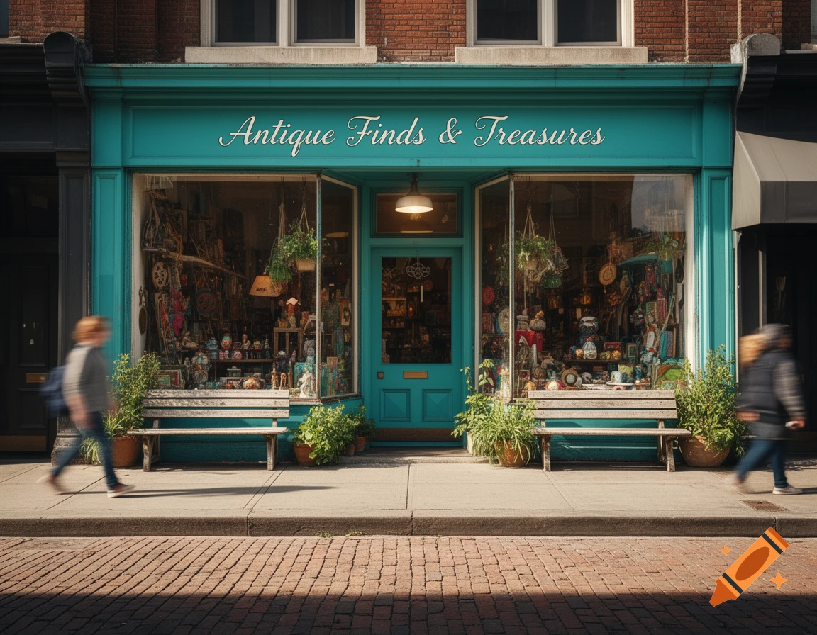 A photorealistic street view of a teal antique shop with 'Antique Finds & Treasures' on its sign, blurred people walk past.