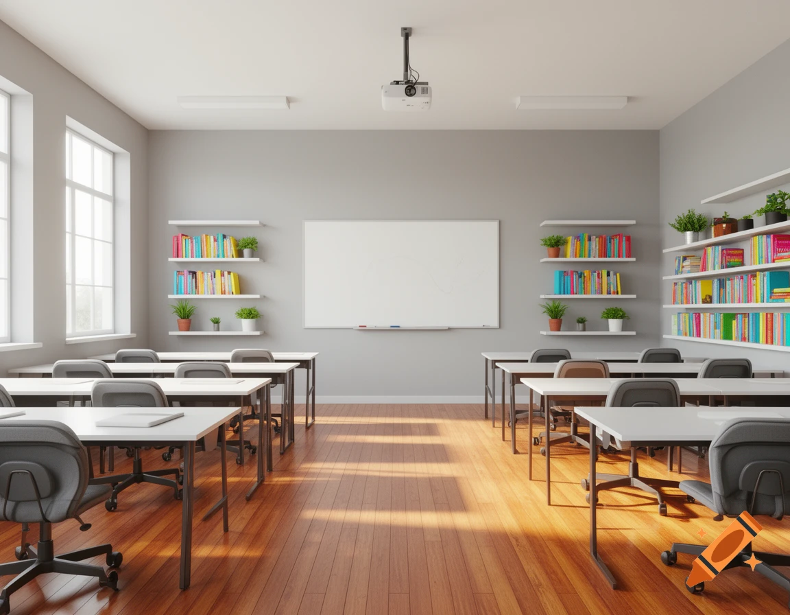 A bright, empty, modern classroom with wooden floors, gray walls, white desks, rolling chairs, book shelves, and a whiteboard.